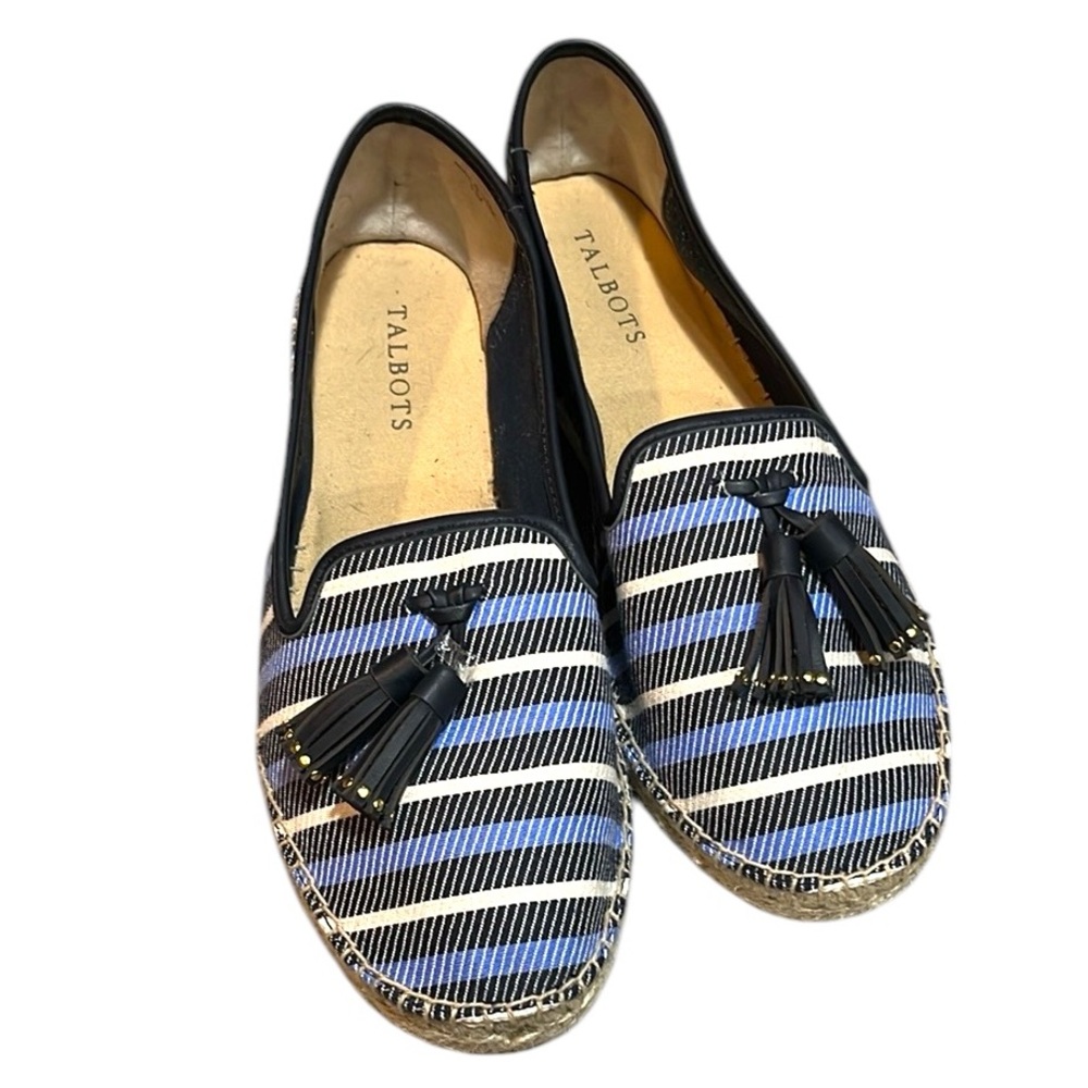 TALBOTS LEATHER TRIMMED STRIPED TASSELED ESPADRILLE FLATS BLU WHI SIZE 9.5